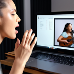 **

A vocal training session in progress. A focused singer is practicing breathing techniques with guidance from their vocal coach. The setting is either an in-person studio with musical instruments, or an online class on a laptop with modern technology.

**
