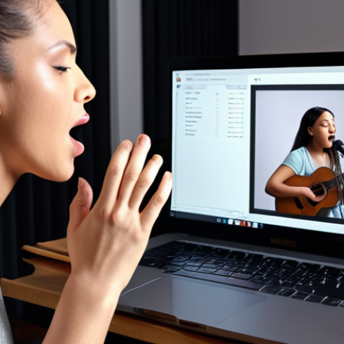 Home 6 **
A vocal training session in progress. A focused singer is practicing breathing techniques with guidance from their vocal coach. The setting is either an in-person studio with musical instruments, or an online class on a laptop with modern technology.
**