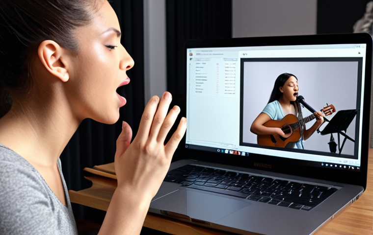**
A vocal training session in progress. A focused singer is practicing breathing techniques with guidance from their vocal coach. The setting is either an in-person studio with musical instruments, or an online class on a laptop with modern technology.
**