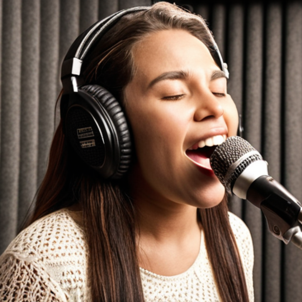 **Image:** A person singing with passion into a microphone in a recording studio. The studio has soundproofing foam and professional equipment.  The person is confident and expressive.  The scene is brightly lit, highlighting the joy of vocal performance. The caption is "Professional Vocal Training."