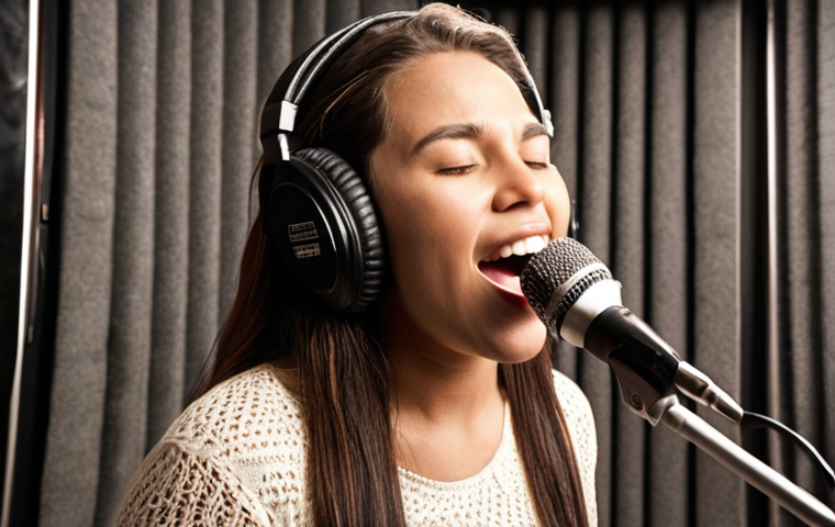 **Image:** A person singing with passion into a microphone in a recording studio. The studio has soundproofing foam and professional equipment.  The person is confident and expressive.  The scene is brightly lit, highlighting the joy of vocal performance. The caption is "Professional Vocal Training."