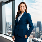 ** A professional businesswoman in a tailored, modest business suit, standing in a bright, modern office with large windows overlooking a cityscape, fully clothed, appropriate attire, safe for work, perfect anatomy, natural proportions, professional photography, high quality, family-friendly.

**