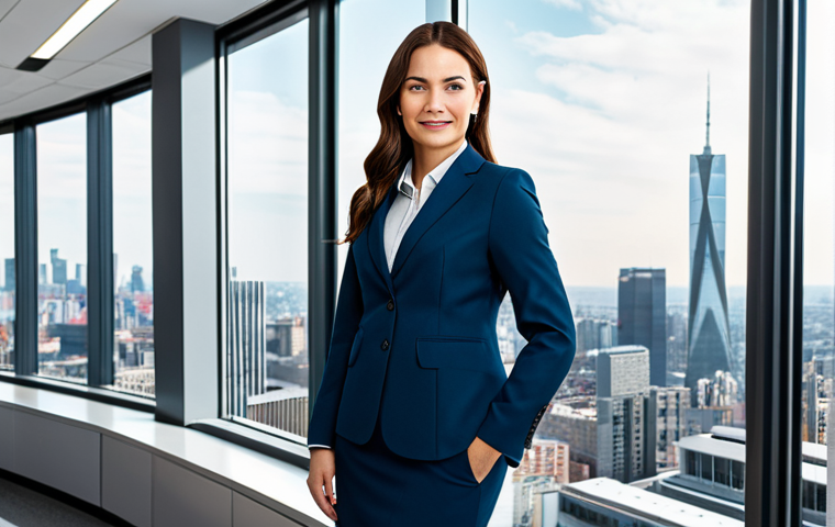 ** A professional businesswoman in a tailored, modest business suit, standing in a bright, modern office with large windows overlooking a cityscape, fully clothed, appropriate attire, safe for work, perfect anatomy, natural proportions, professional photography, high quality, family-friendly.

**