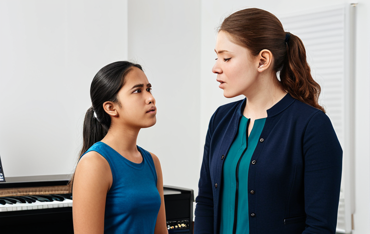 Vocal Trainer in Action**

A professional vocal trainer working with a student in a music studio. The trainer is demonstrating proper breathing techniques and posture. The student is attentively listening and singing. Fully clothed, modest clothing, appropriate attire, safe for work, perfect anatomy, natural proportions, professional setting, high quality.

**