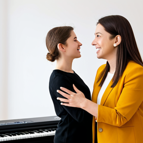 Home 27 **
A professional female vocal coach in a modest outfit, guiding a student in a bright, modern music studio. Focus on the interaction and positive learning environment. Safe for work, appropriate content, fully clothed, professional, family-friendly, perfect anatomy, correct proportions, natural pose, well-formed hands, proper finger count, natural body proportions.
**