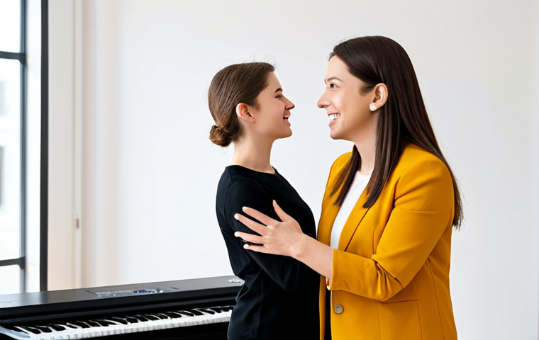 **

A professional female vocal coach in a modest outfit, guiding a student in a bright, modern music studio. Focus on the interaction and positive learning environment. Safe for work, appropriate content, fully clothed, professional, family-friendly, perfect anatomy, correct proportions, natural pose, well-formed hands, proper finger count, natural body proportions.

**