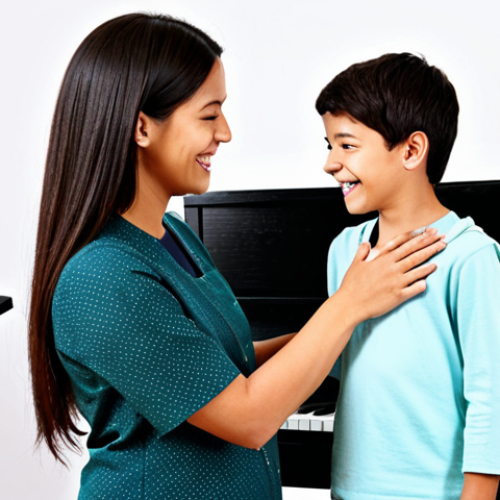 Home 12 **Image:** A professional vocal trainer giving a lesson.
**Prompt:** "A professional vocal trainer with a warm smile, fully clothed in modest attire, teaching a young student in a bright music studio, appropriate content, safe for work, perfect anatomy, correct proportions, natural pose, well-formed hands, proper finger count, family-friendly, high quality."