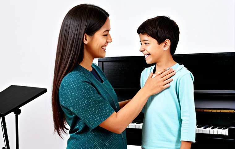 **Image:** A professional vocal trainer giving a lesson.
    **Prompt:** "A professional vocal trainer with a warm smile, fully clothed in modest attire, teaching a young student in a bright music studio, appropriate content, safe for work, perfect anatomy, correct proportions, natural pose, well-formed hands, proper finger count, family-friendly, high quality."