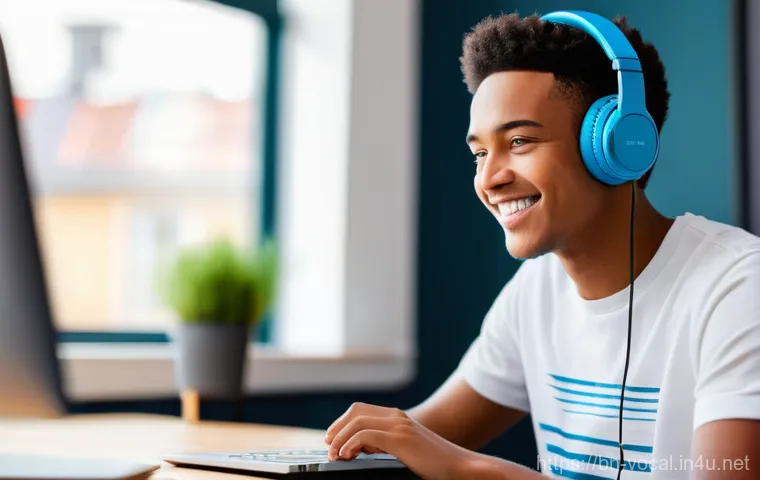보컬트레이너 보컬 교육 시장 분석 - **Online Vocal Training with AI Feedback:** A focused young adult (18-25 years old), casually dresse...