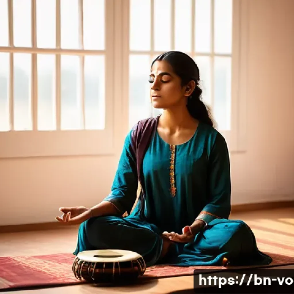 보컬트레이너 실기 평가 준비 - **Image Prompt 1: Serene Breathwork for Stage Confidence**
A young adult, possibly a female voca...