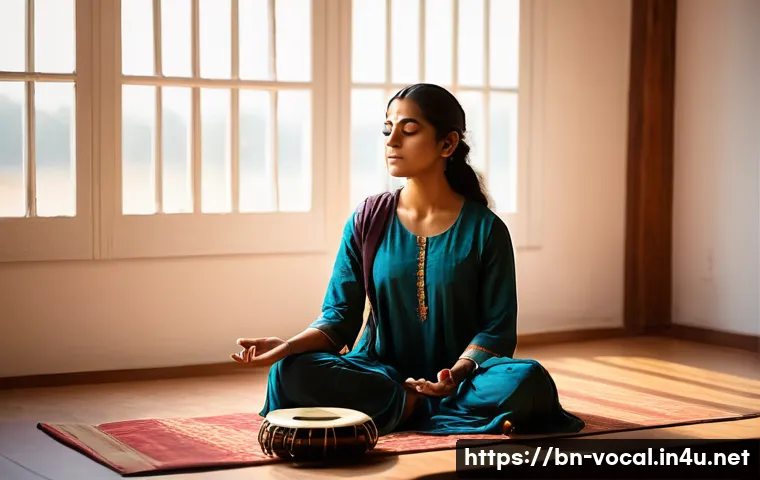 보컬트레이너 실기 평가 준비 - **Image Prompt 1: Serene Breathwork for Stage Confidence**
    A young adult, possibly a female voca...
