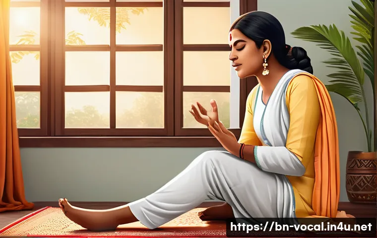 보컬트레이너 실용적인 학습법 - A detailed and vibrant illustration of a Bengali singer practicing diaphragmatic breathing technique...
