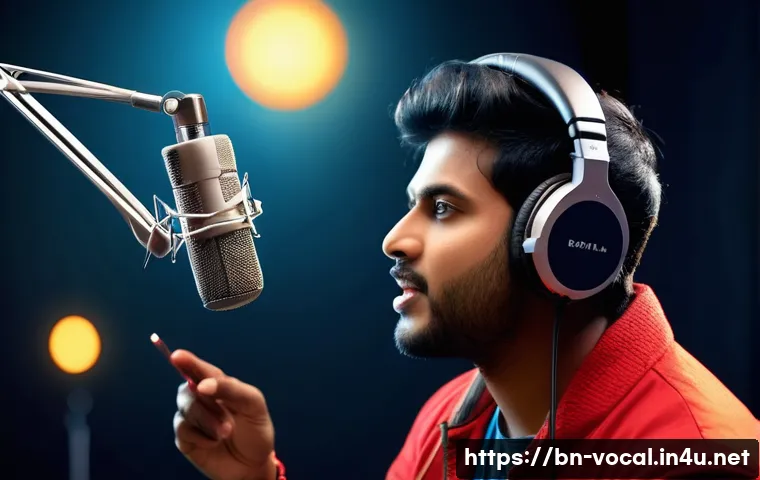 보컬트레이너 대중 음악 트렌드 - A modern Bengali singer in a professional recording studio, wearing stylish casual clothes and headp...
