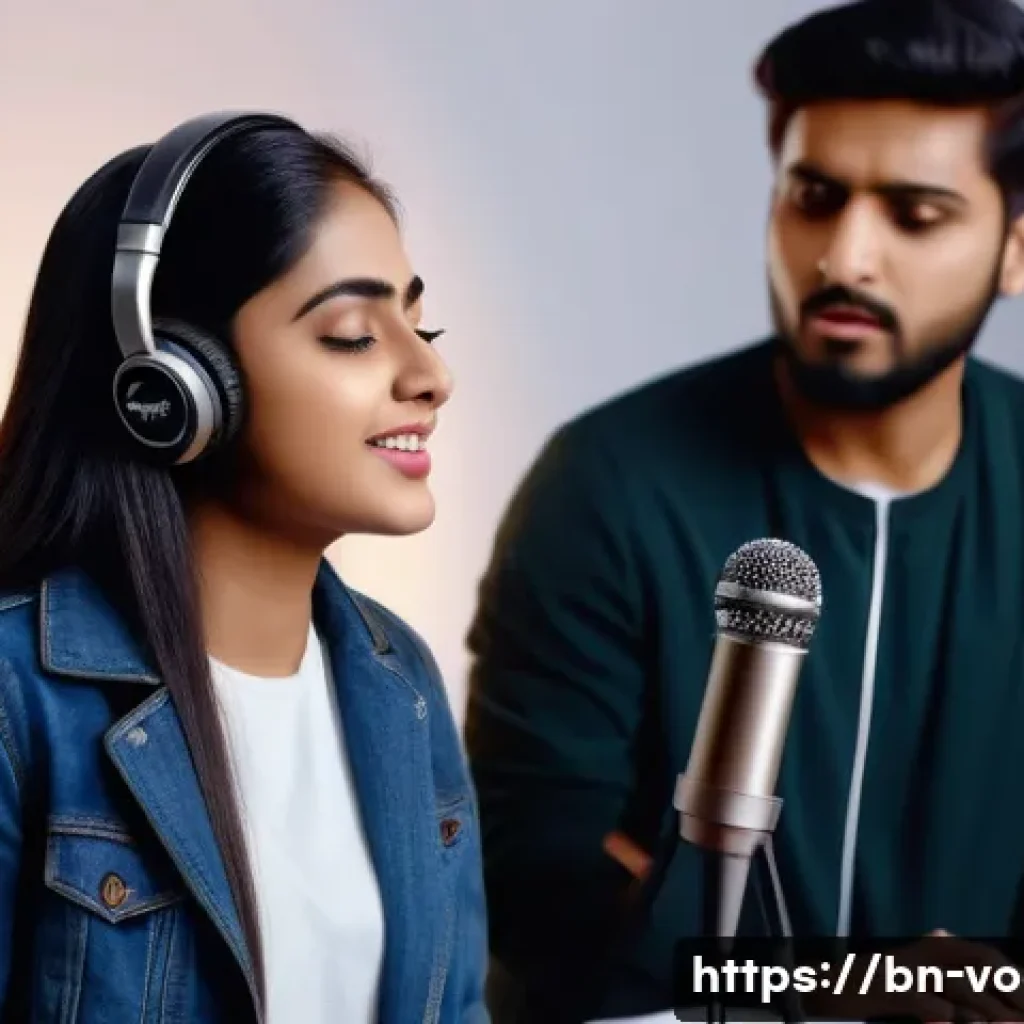 보컬트레이너 실기 시험 - A professional vocal trainer in a modern music studio, attentively coaching a young Bengali singer w...