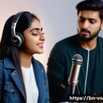 Home 22 보컬트레이너 실기 시험 - A professional vocal trainer in a modern music studio, attentively coaching a young Bengali singer w...