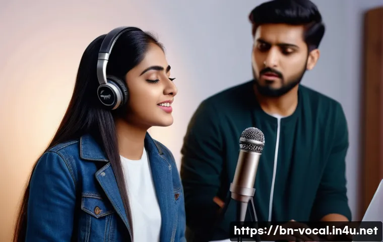 보컬트레이너 실기 시험 - A professional vocal trainer in a modern music studio, attentively coaching a young Bengali singer w...