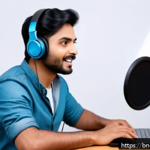 Home 32 보컬트레이너 취업 관련 팁 - A professional vocal trainer conducting an engaging online vocal lesson from a modern home studio, f...