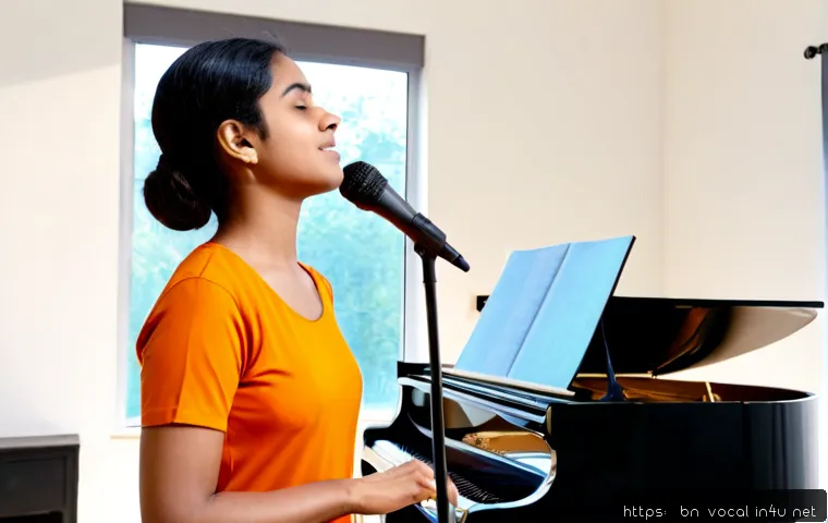 Home 17 보컬트레이너 고음 연습 - Photorealistic vocal coaching session in a bright modern music studio, a Bengali female vocal traine...