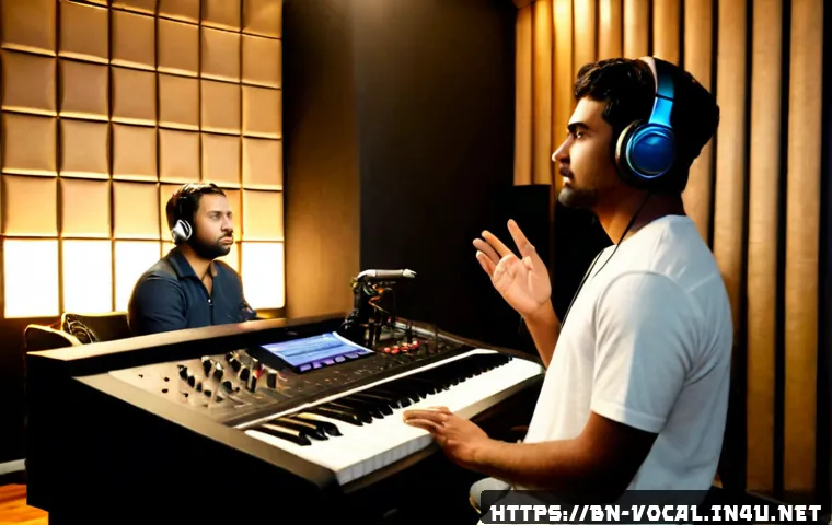 보컬트레이너 전문가 의견 - Photorealistic vocal coach giving expert feedback to a young adult singer in a quiet professional re...