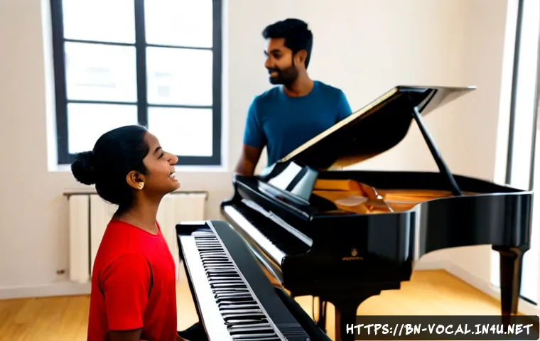 보컬트레이너의 중점 과목 - Photorealistic vocal coaching session in a bright modern music studio, a Bengali vocal trainer guidi...