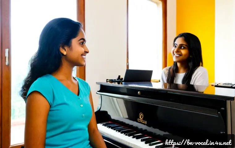 보컬트레이너 레슨 시나리오 - Photorealistic vocal coaching lesson in a bright, modern music studio, friendly Bengali female vocal...